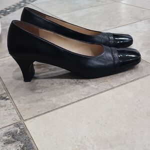 Salvatore Ferragamo Black Square Toe Heels.